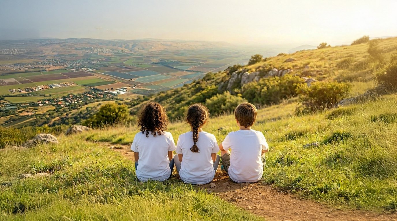 שלושה ילדים יושבים על גבעה בגליל וצופים אל נוף העמק והשדות